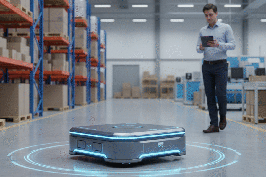 AMR de eRobotik, robótica móvil autónoma, automatización industrial y logística 4.0 con AGV.